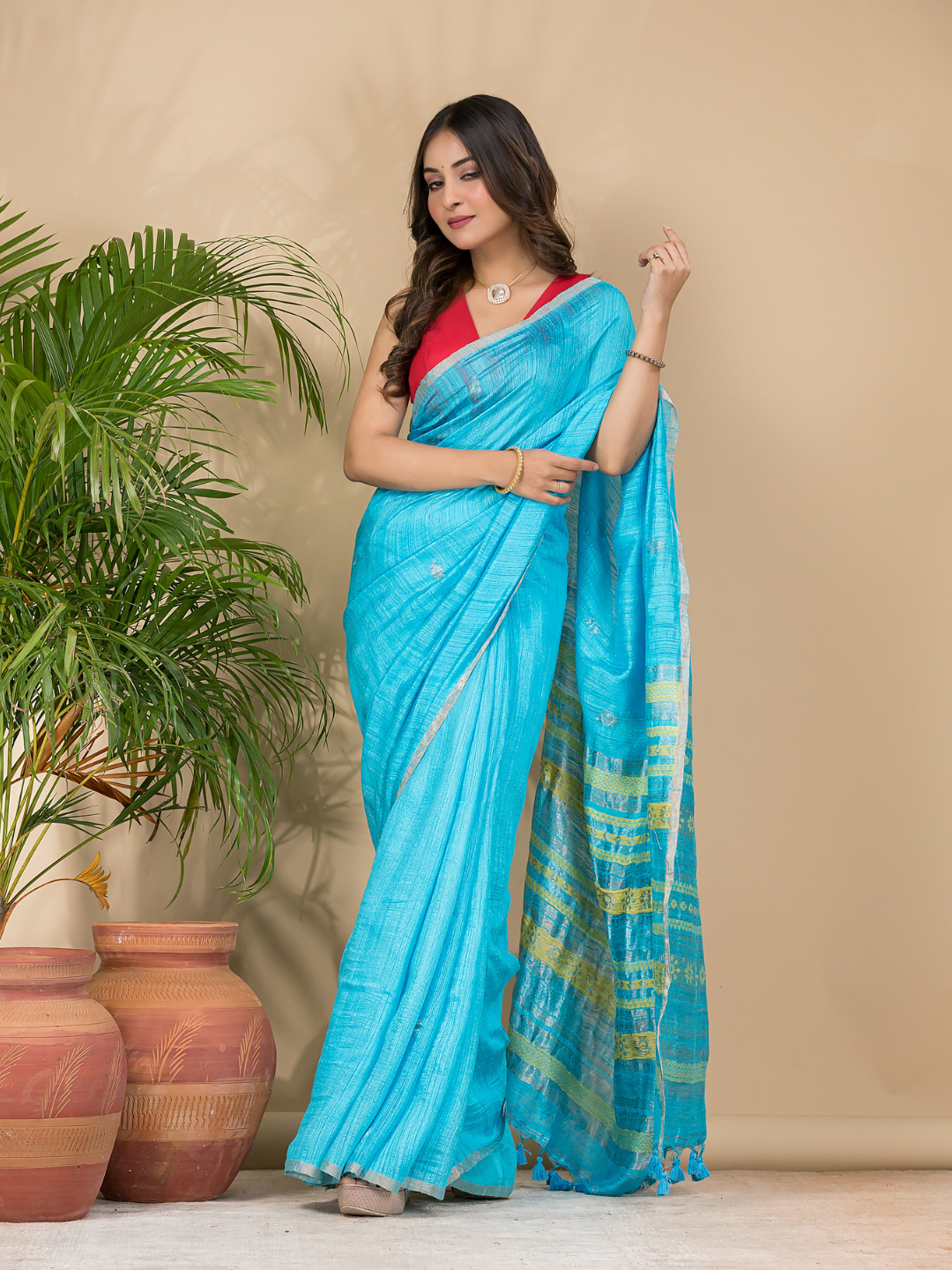Matka Silk Jamdani Saree With Aqua Blue - 019