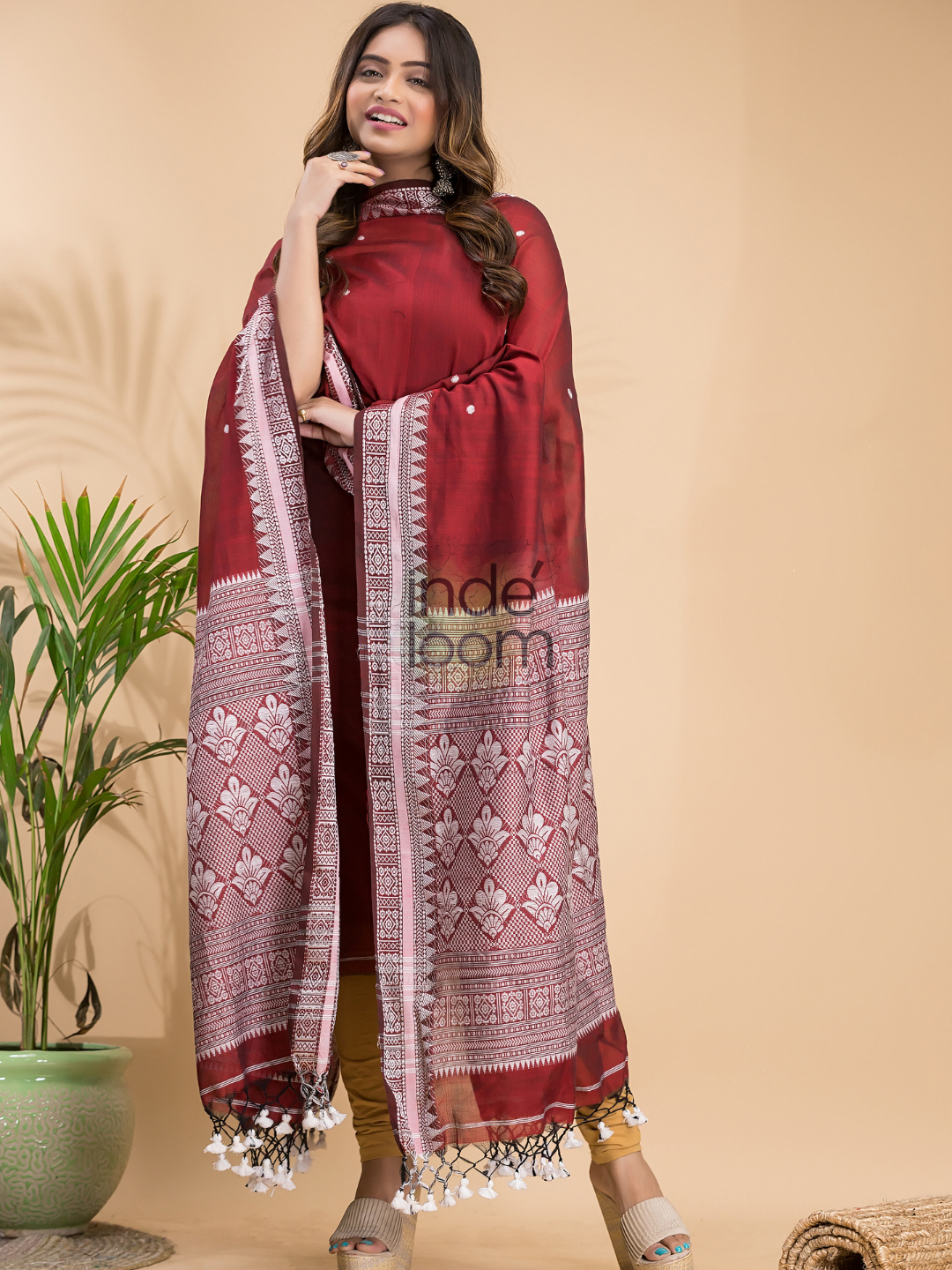Ruby Red Muslin Cotton X Baluchari 2-Piece Set Kurti & Dupatta (UNSTITCHED) - 030