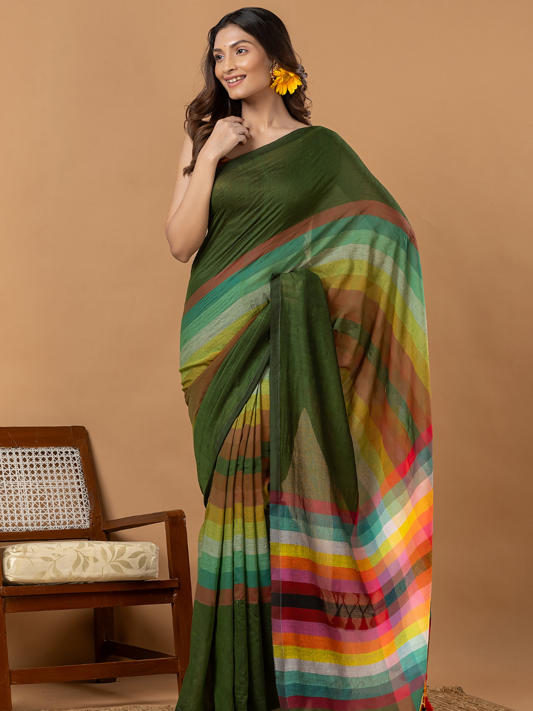 Pure Handloom Mul Cotton Saree | Forest Green
