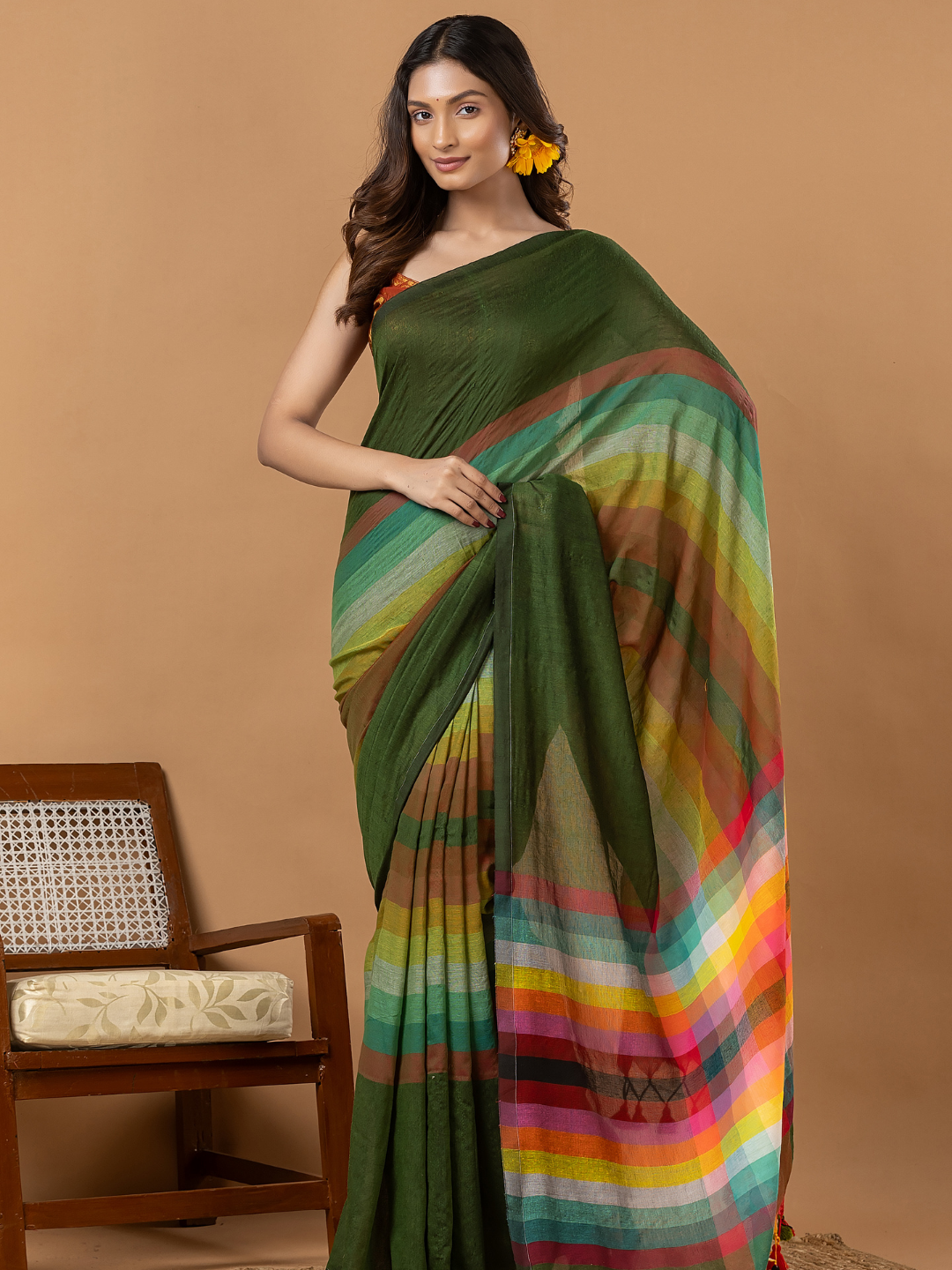Pure Handloom Mul Cotton Saree | Forest Green