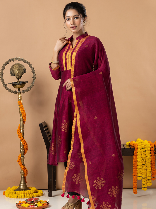 Handwoven Jamdani Linen Unstitched 2-Piece Kurti | Deep Magenta