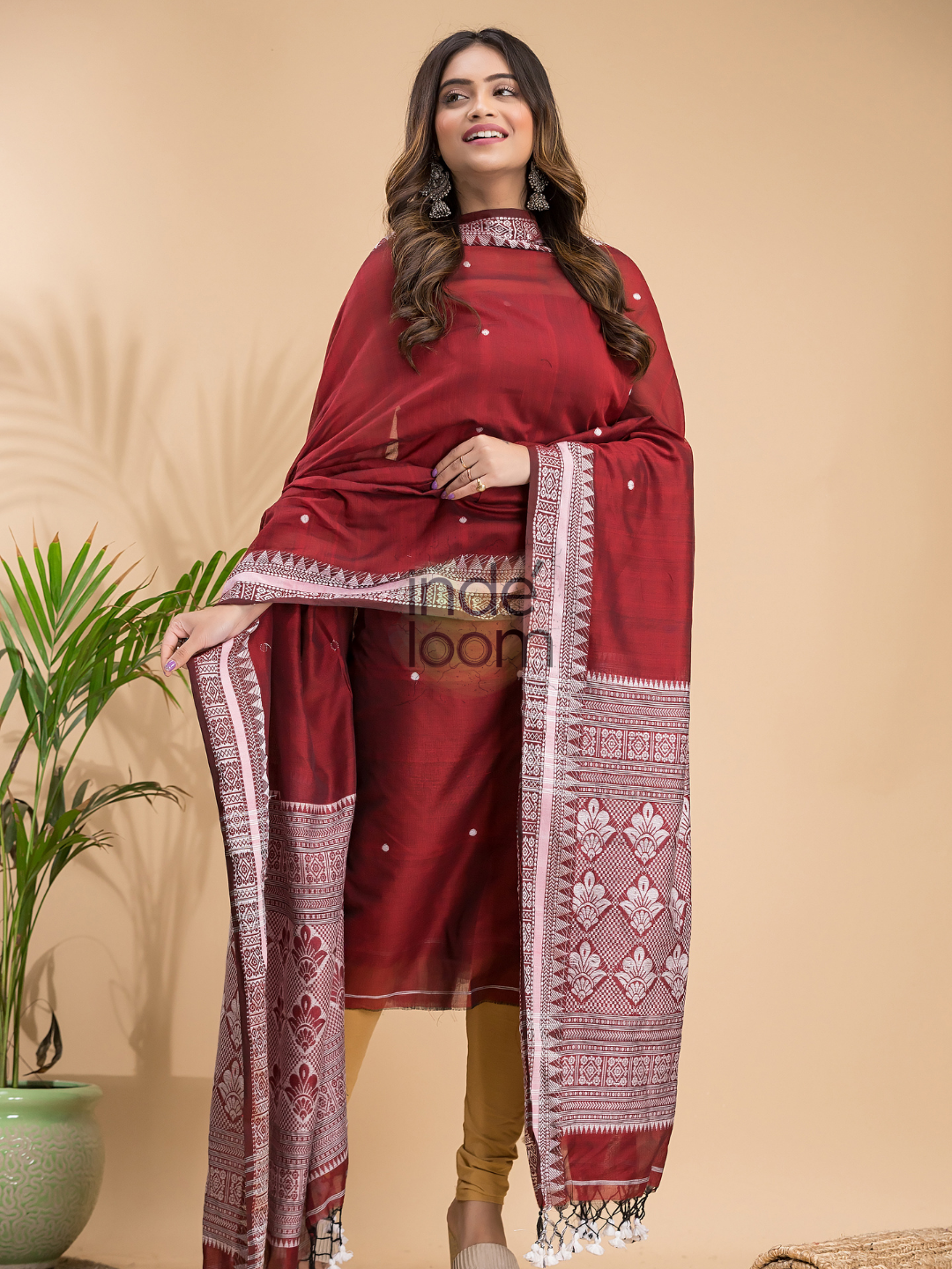 Ruby Red Muslin Cotton X Baluchari 2-Piece Set Kurti & Dupatta (UNSTITCHED) - 030