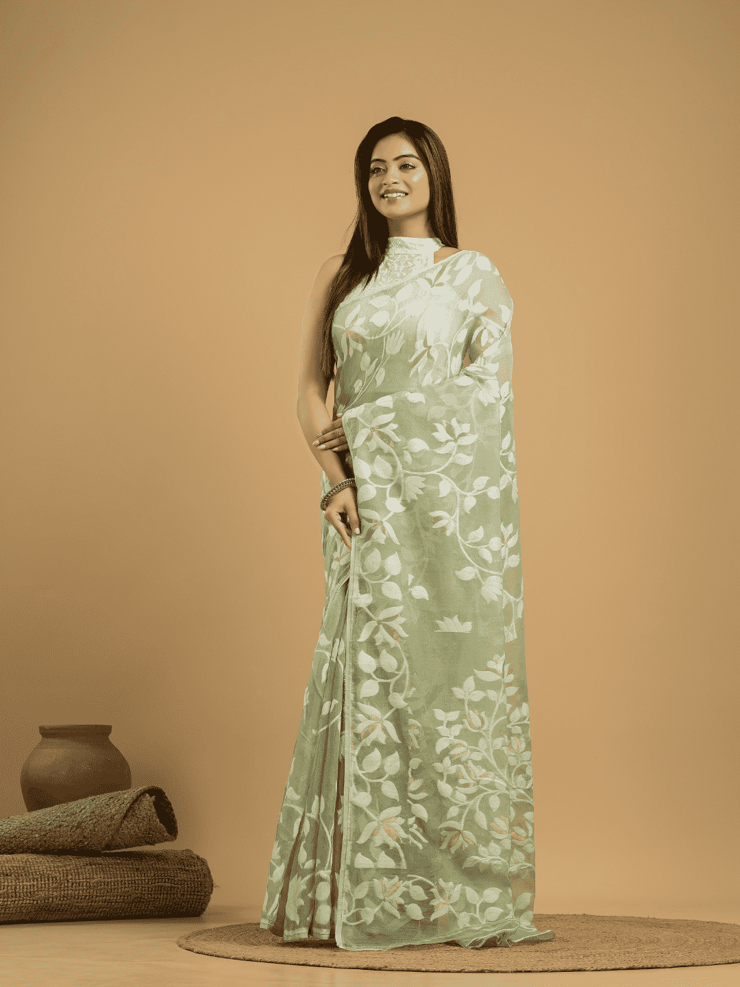 Light Green Cotton Silk Jamdani Saree - 032 - indeloom