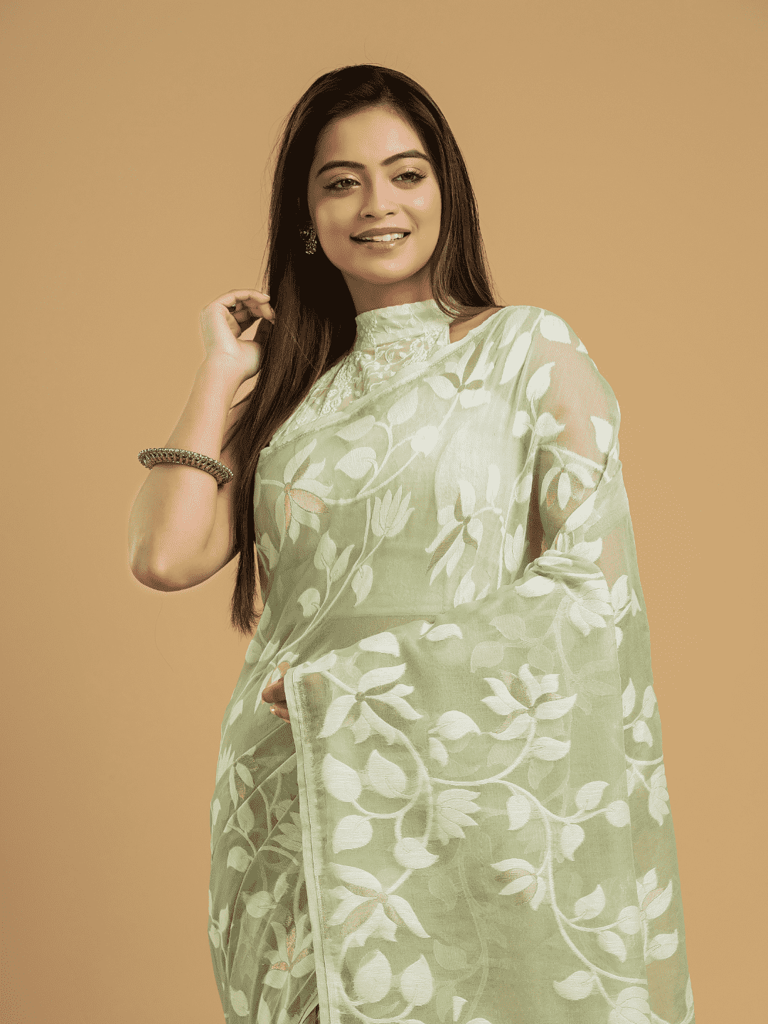 Light Green Cotton Silk Jamdani Saree - 032 - indeloom