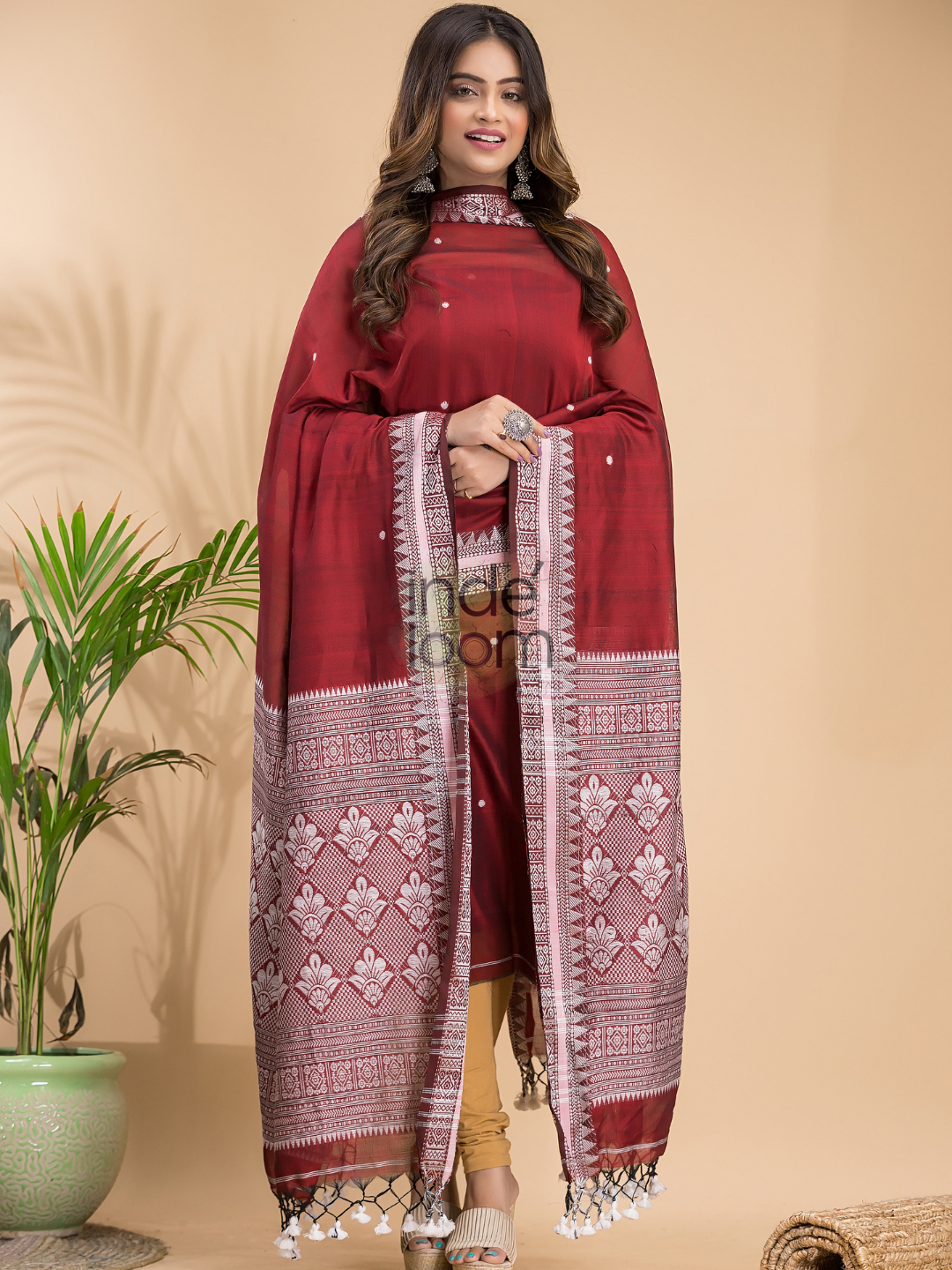 Ruby Red Muslin Cotton X Baluchari 2-Piece Set Kurti & Dupatta (UNSTITCHED) - 030