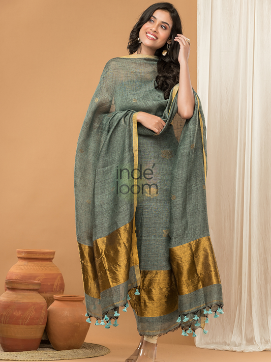 Greyish Green color with Gold borders  Jamdani 2-Piece Set Kurti & Dupatta (UNSTITCHED) - 166