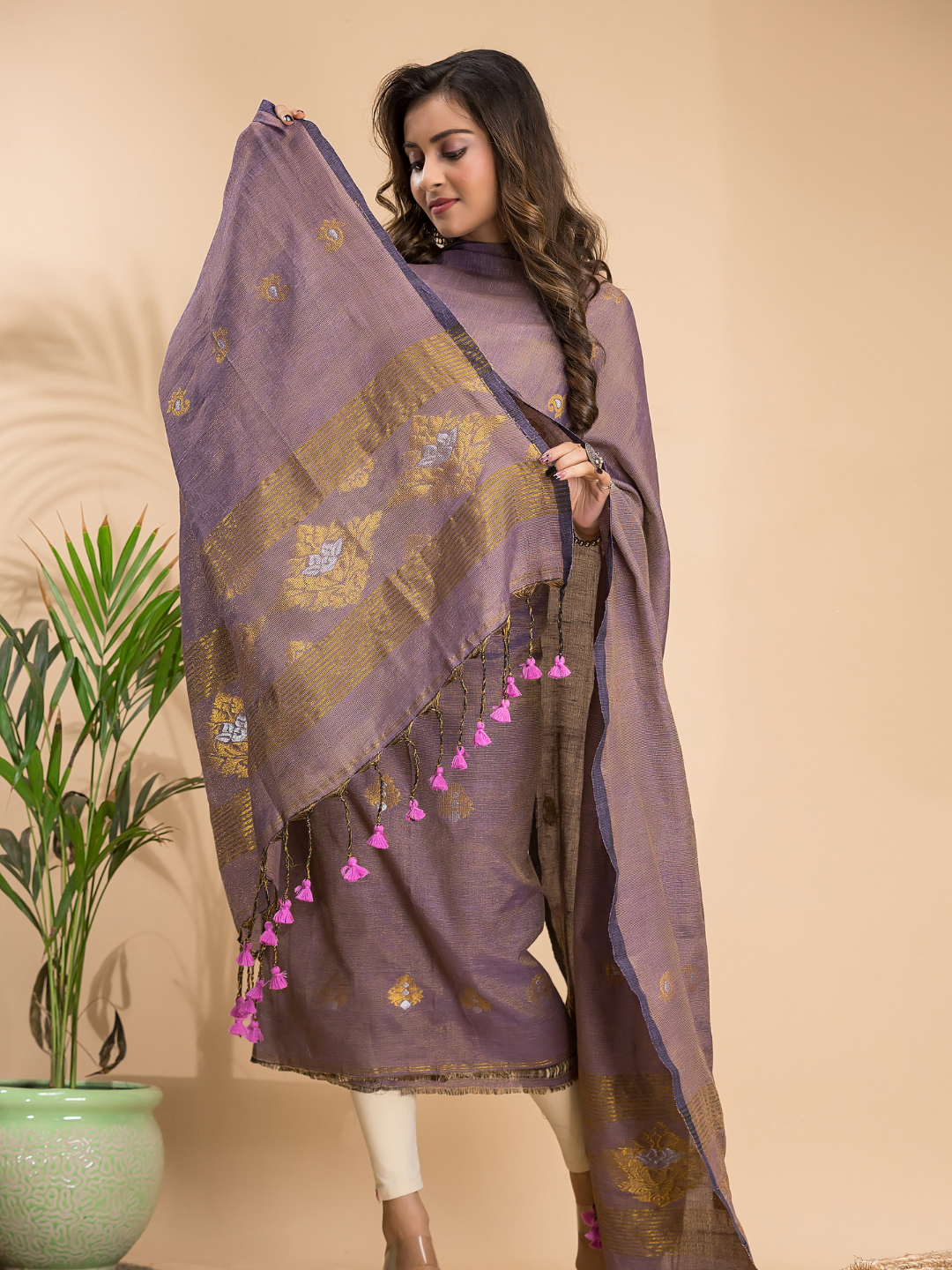 Pale Brown Tissue Linen 2-Piece Set Kurti & Dupatta (UNSTITCHED) - 107