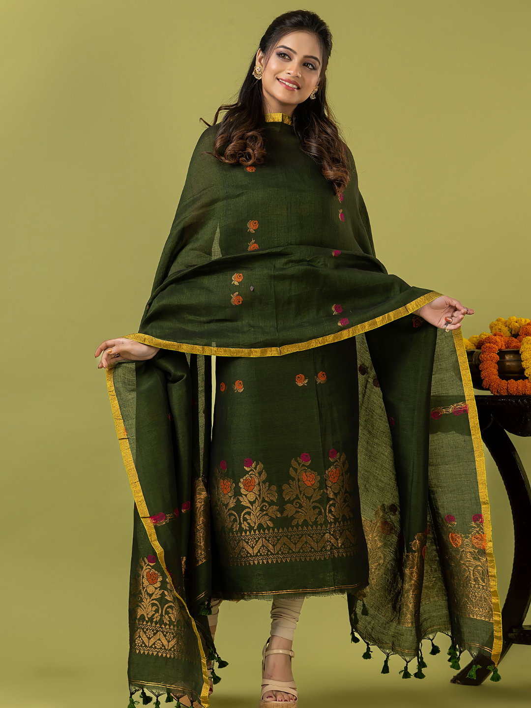 Handwoven Jamdani Linen Unstitched 2-piece Kurti | Olive Green