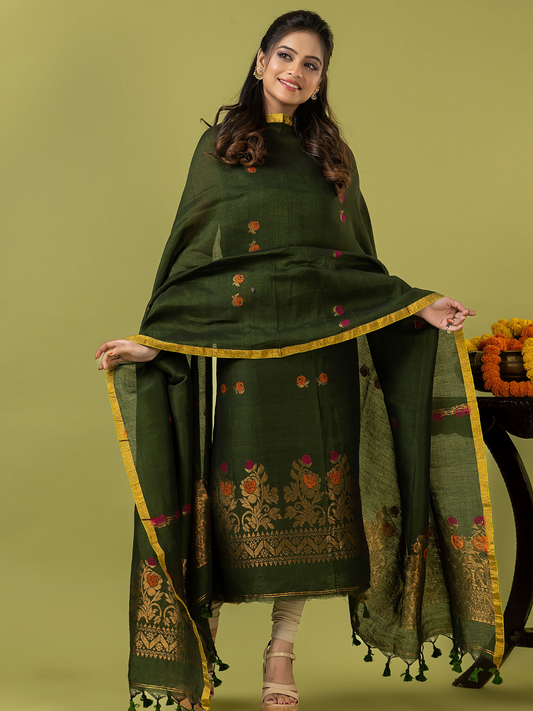 Handwoven Jamdani Linen Unstitched 2-piece Kurti | Olive Green