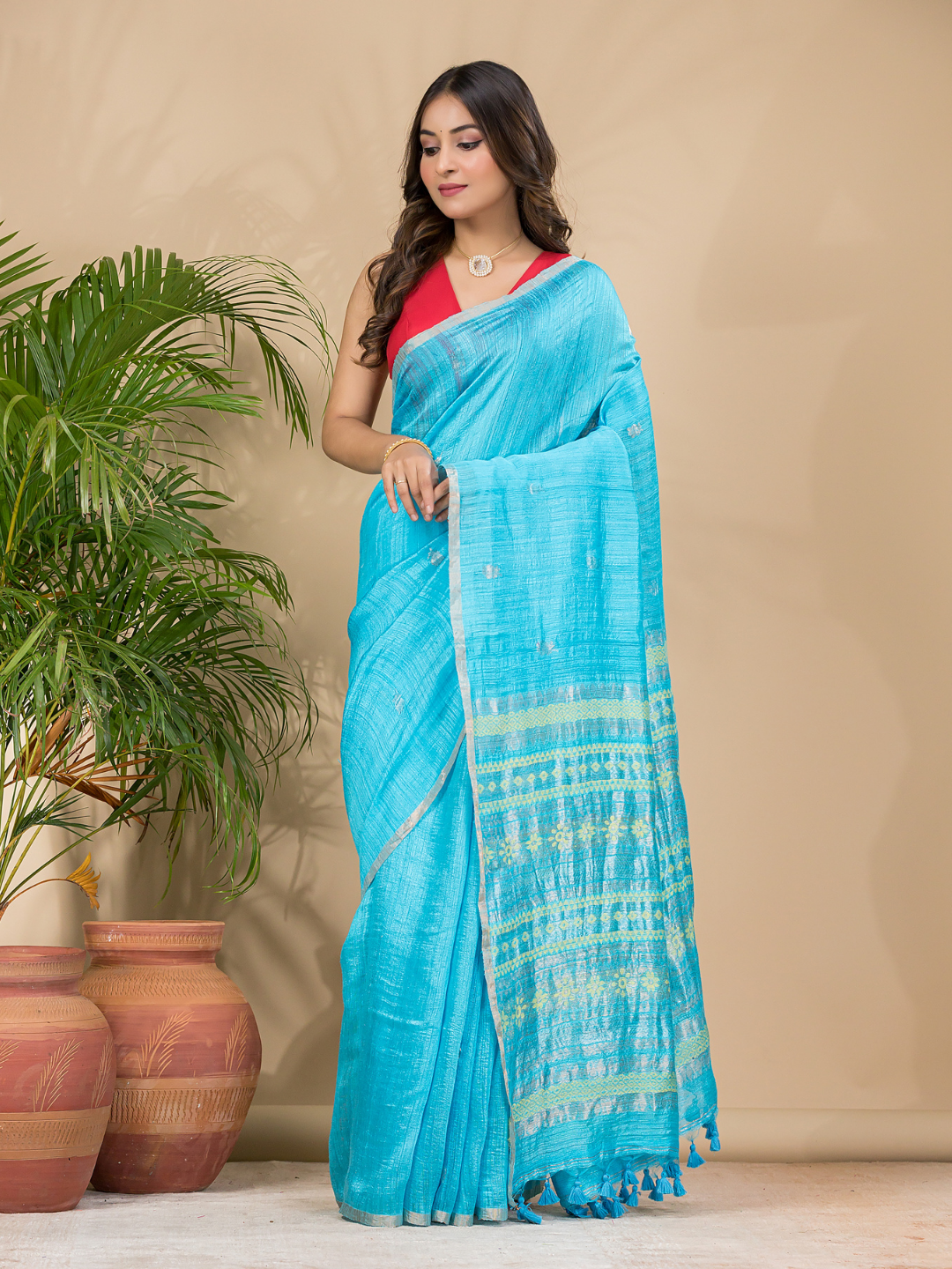 Matka Silk Jamdani Saree With Aqua Blue - 019