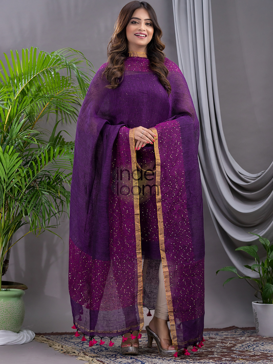 Handwoven Jamdani Linen Unstitched 2-piece Kurti  |  Royal Purple
