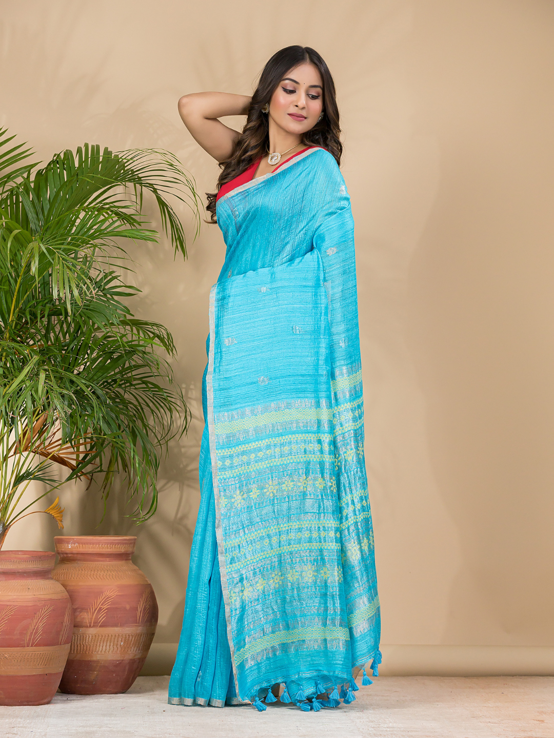 Matka Silk Jamdani Saree With Aqua Blue - 019