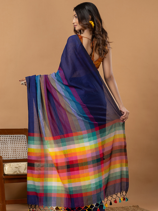Pure Handloom Mul Cotton Saree | Deep Navy Blue