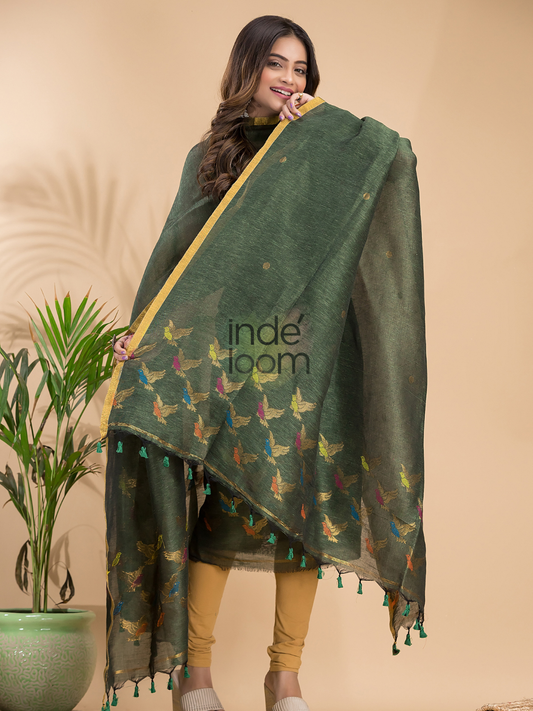 Dark Green Cotton Linen 2-Piece Set Kurti & Dupatta (UNSTITCHED) - 031
