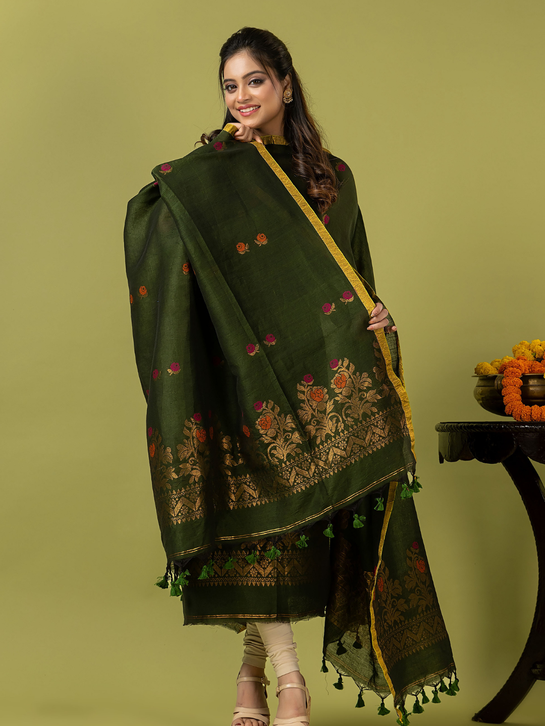 Handwoven Jamdani Linen Unstitched 2-piece Kurti | Olive Green