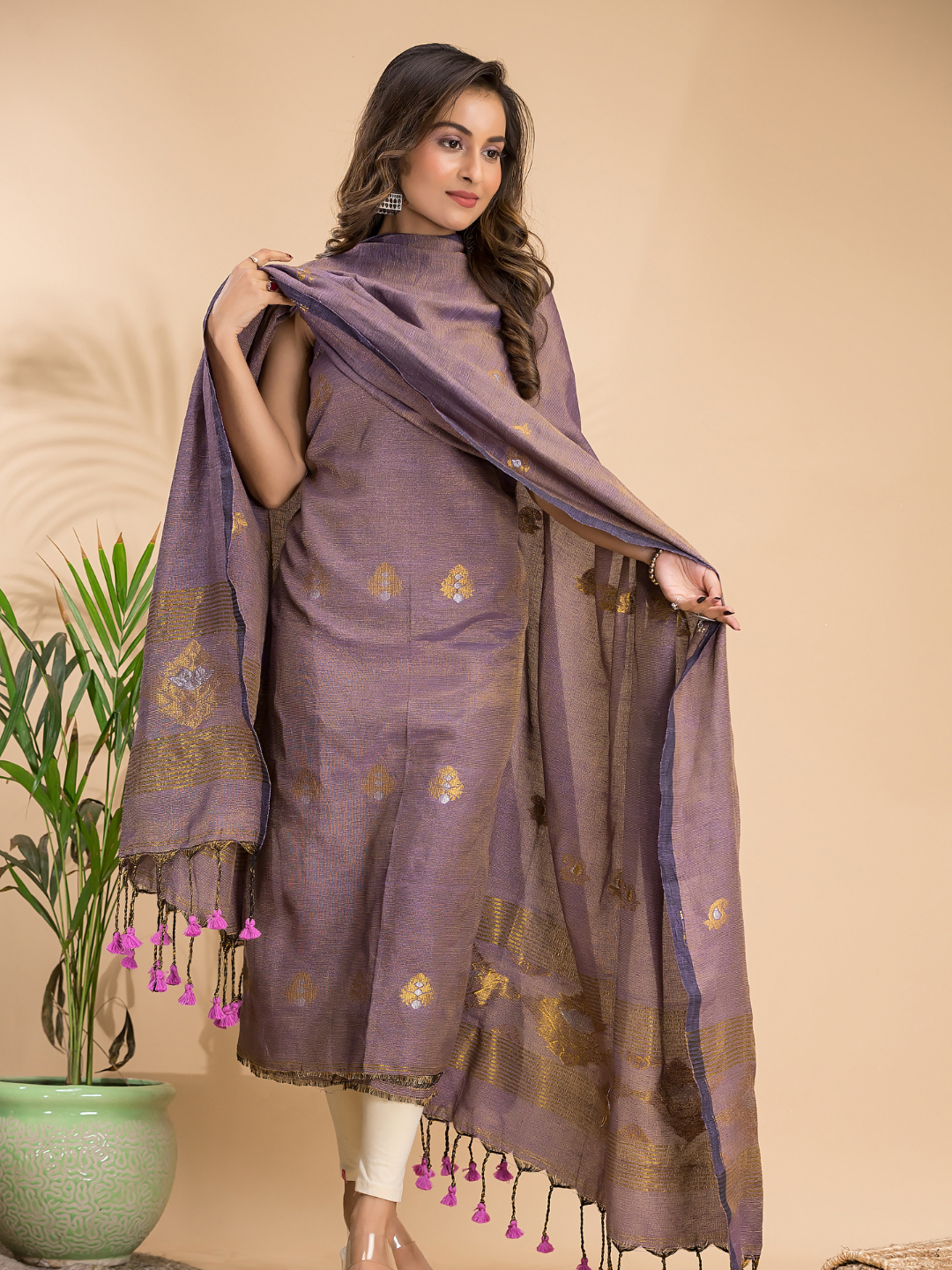 Pale Brown Tissue Linen 2-Piece Set Kurti & Dupatta (UNSTITCHED) - 107