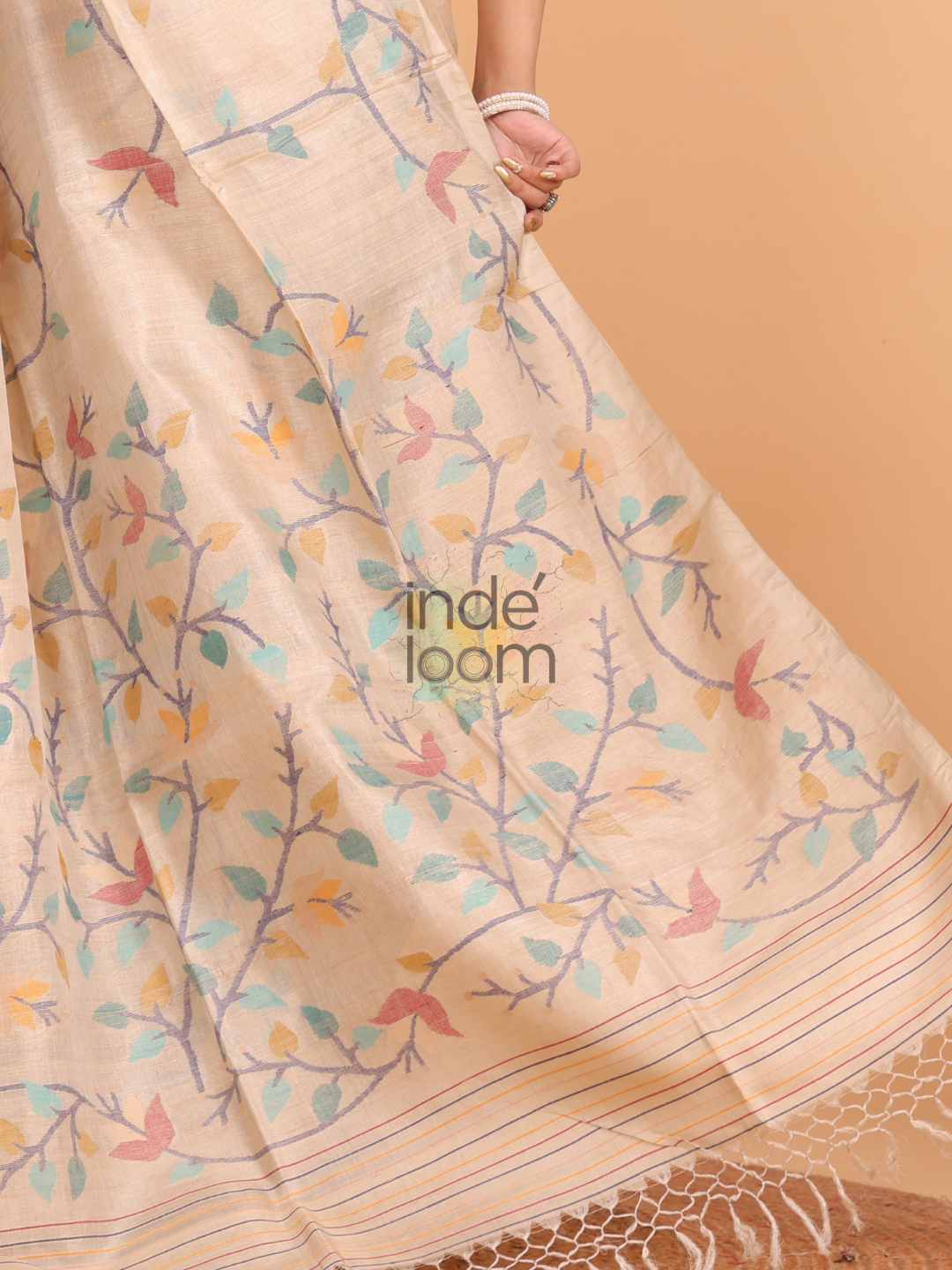 Tussar Jamdani Saree With Burgundy Pale Brown - 160