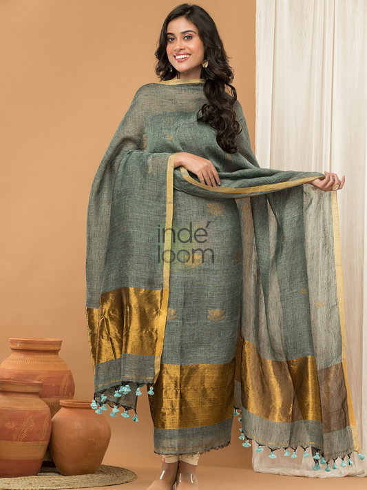 Greyish Green color with Gold borders  Jamdani 2-Piece Set Kurti & Dupatta (UNSTITCHED) - 166