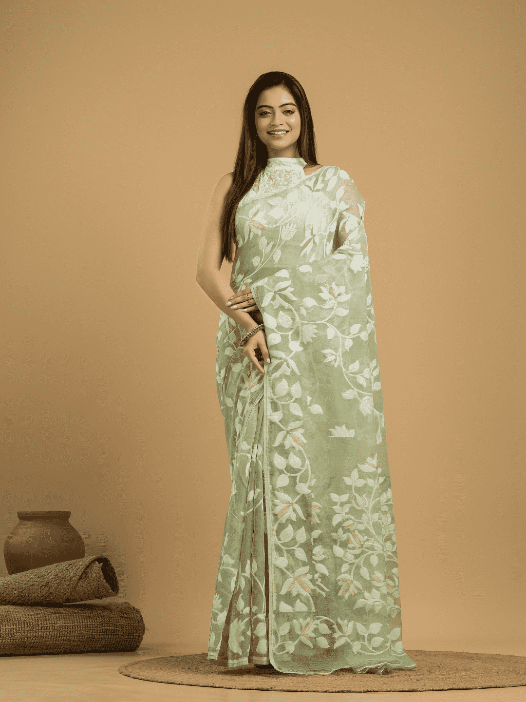 Light Green Cotton Silk Jamdani Saree - 032 - indeloom