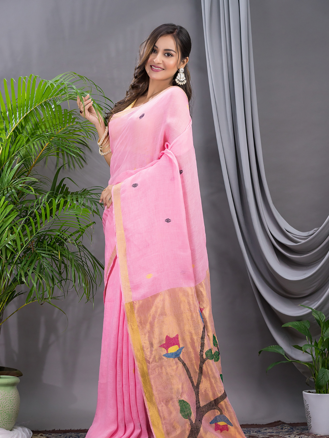 Linen Jamdani Saree With Bubblegum Pink - 032