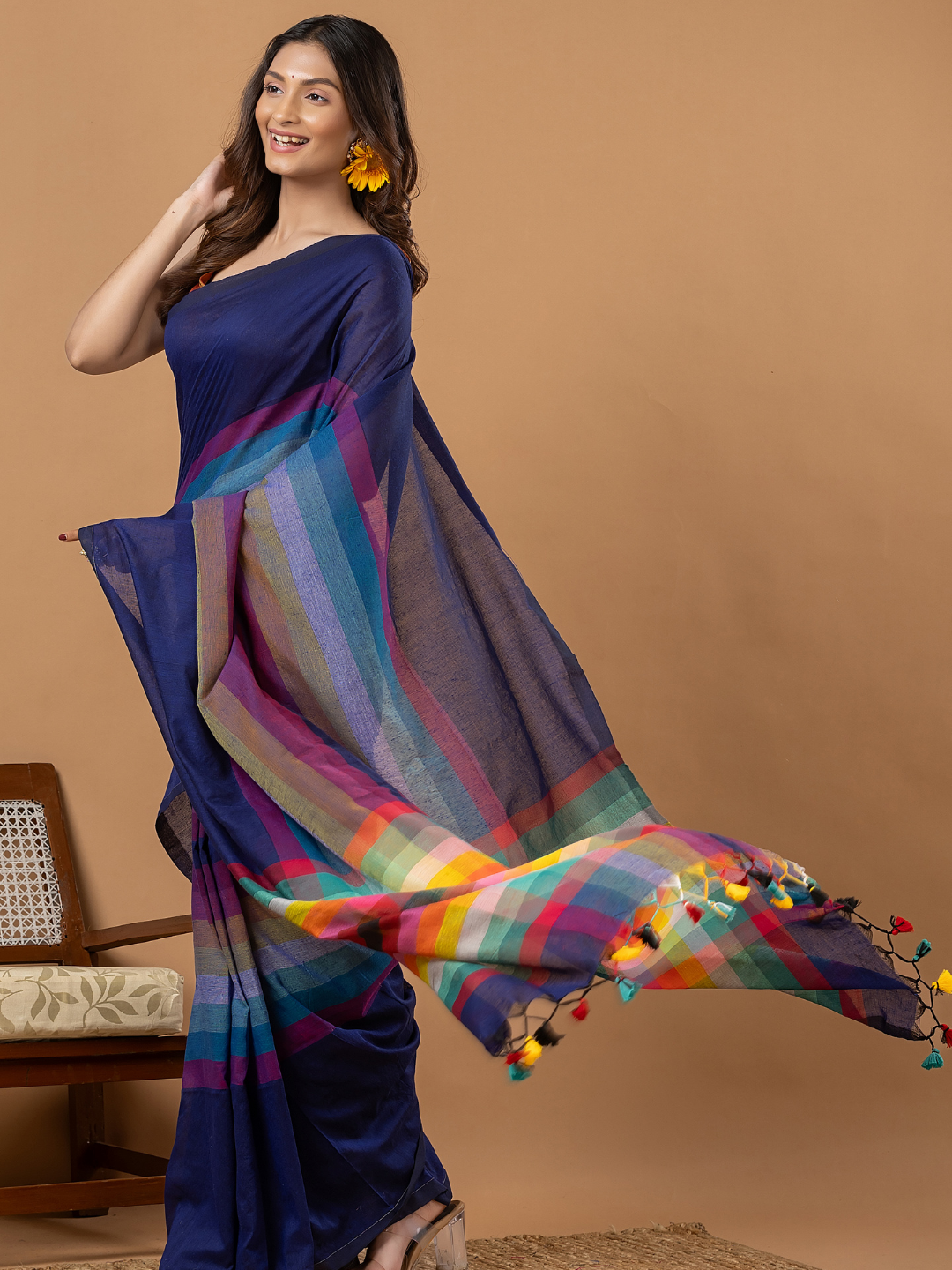 Pure Handloom Mul Cotton Saree | Deep Navy Blue