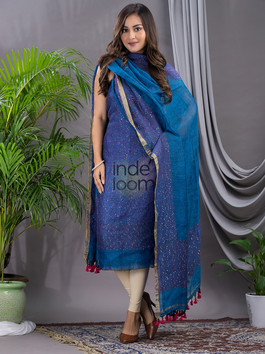 Classic Blue Linen X Linen 2-Piece Set Kurti & Dupatta (UNSTITCHED) - 130