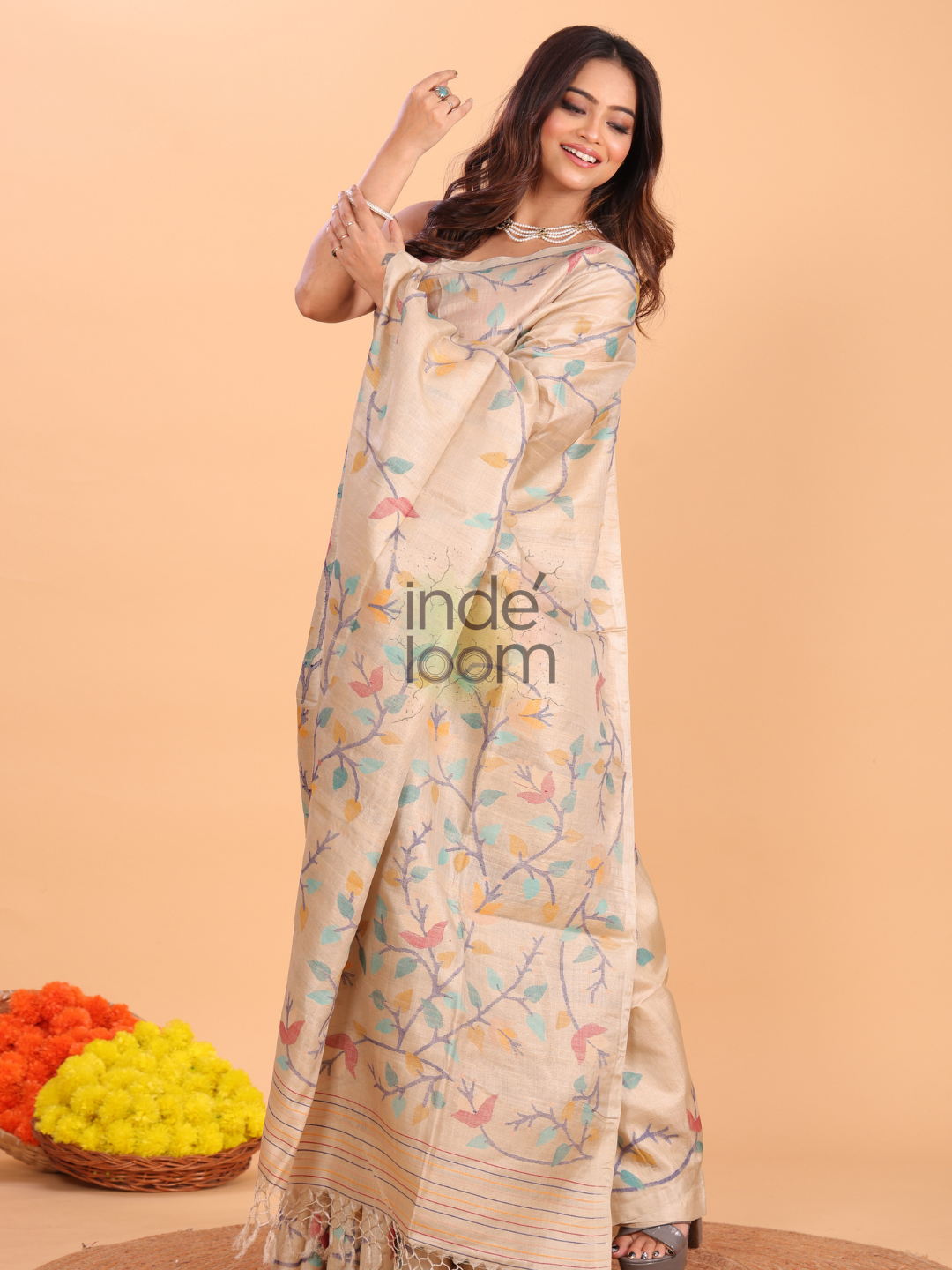 Tussar Jamdani Saree With Burgundy Pale Brown - 160