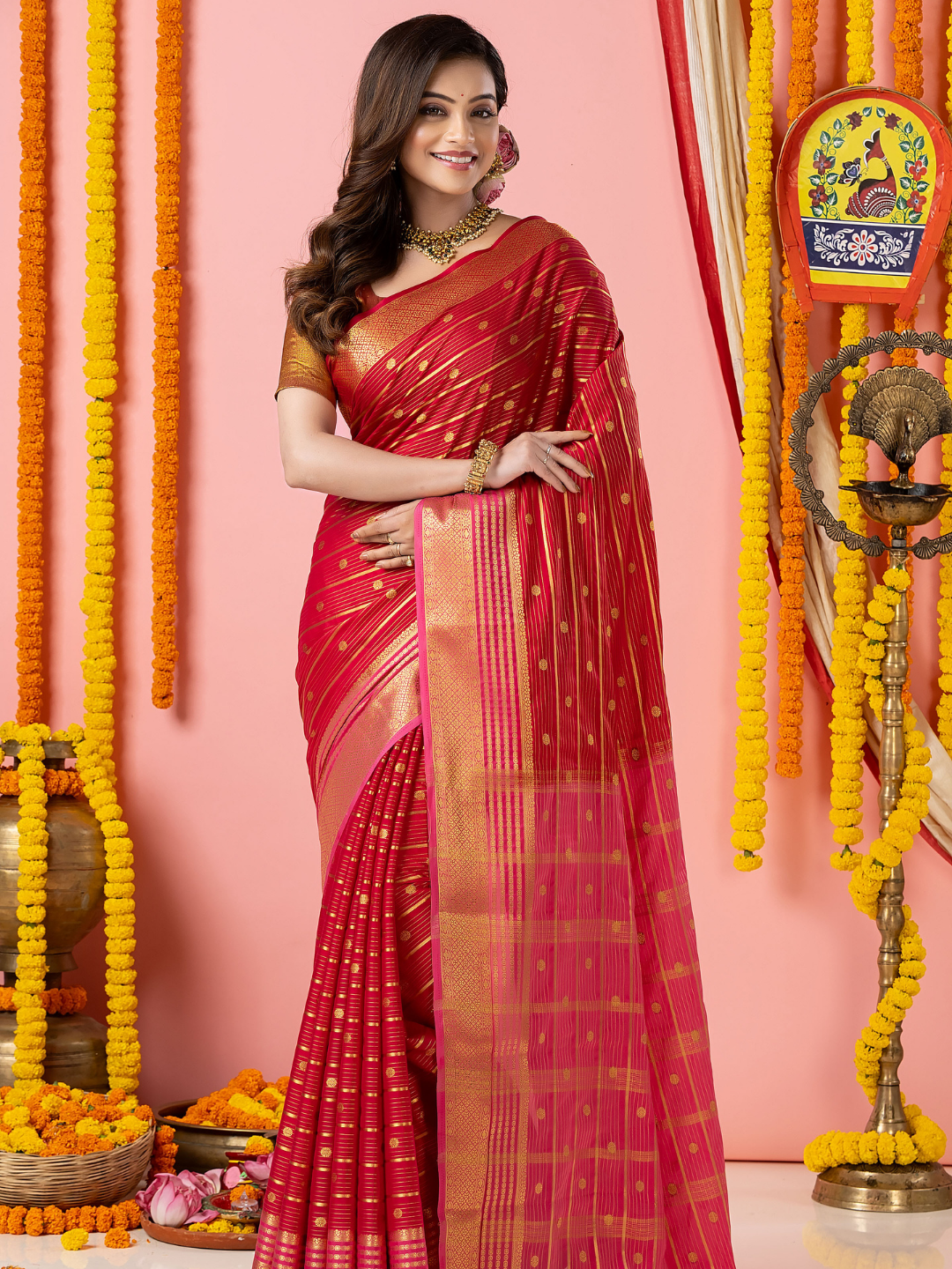 Classic Mysore Semi Silk Saree | Crimson Red