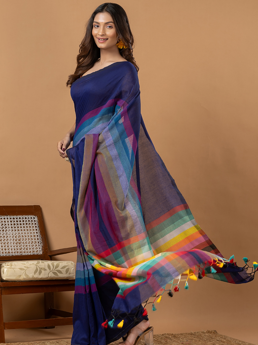 Pure Handloom Mul Cotton Saree | Deep Navy Blue