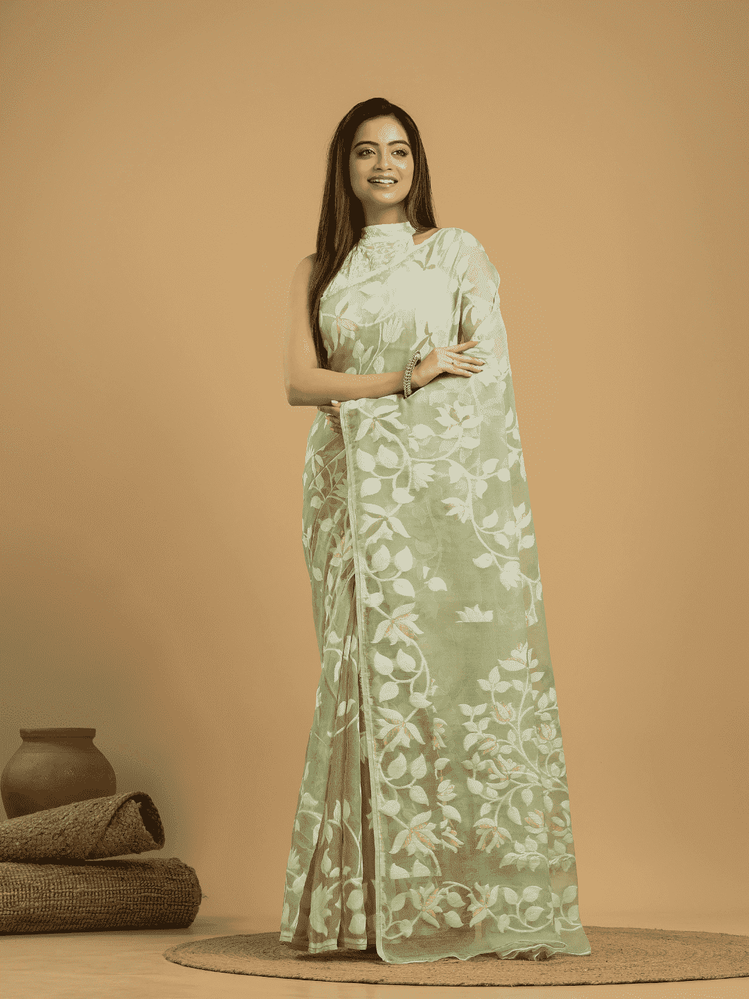Light Green Cotton Silk Jamdani Saree - 032 - indeloom