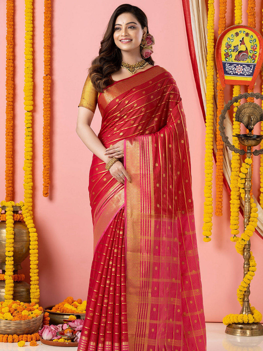 Classic Mysore Semi Silk Saree | Crimson Red
