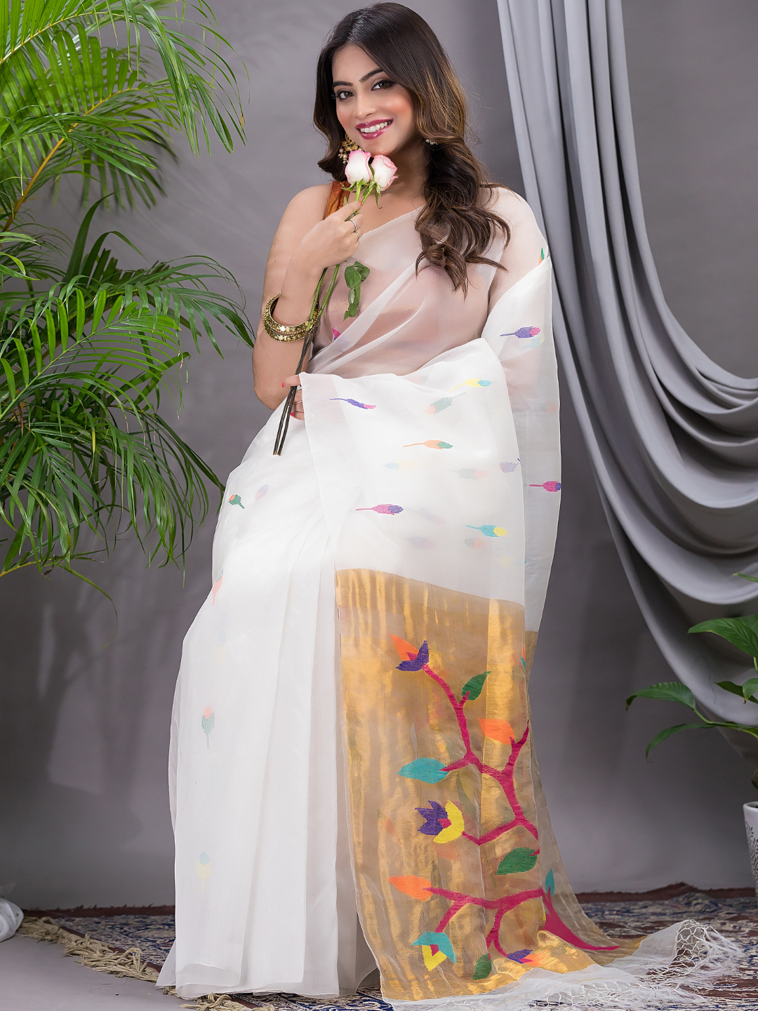 Linen Jamdani Saree With Snow White - 033