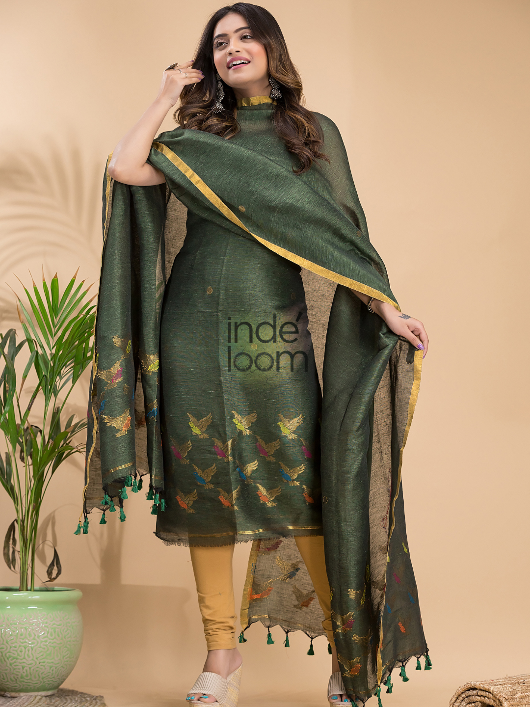 Dark Green Cotton Linen 2-Piece Set Kurti & Dupatta (UNSTITCHED) - 031