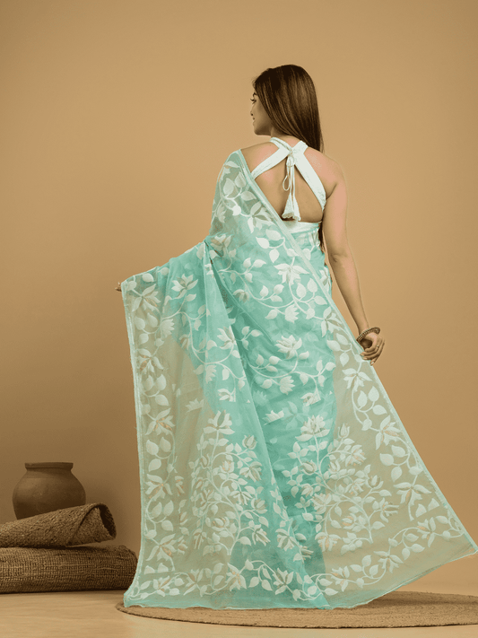 Baby Blue Cotton Silk Jamdani Saree - 033 - indeloom