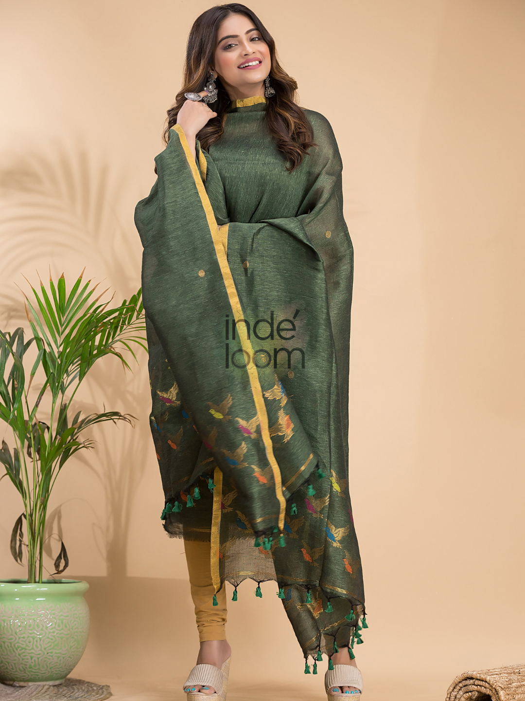 Dark Green Cotton Linen 2-Piece Set Kurti & Dupatta (UNSTITCHED) - 031