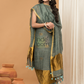 Greyish Green color with Gold borders  Jamdani 2-Piece Set Kurti & Dupatta (UNSTITCHED) - 166