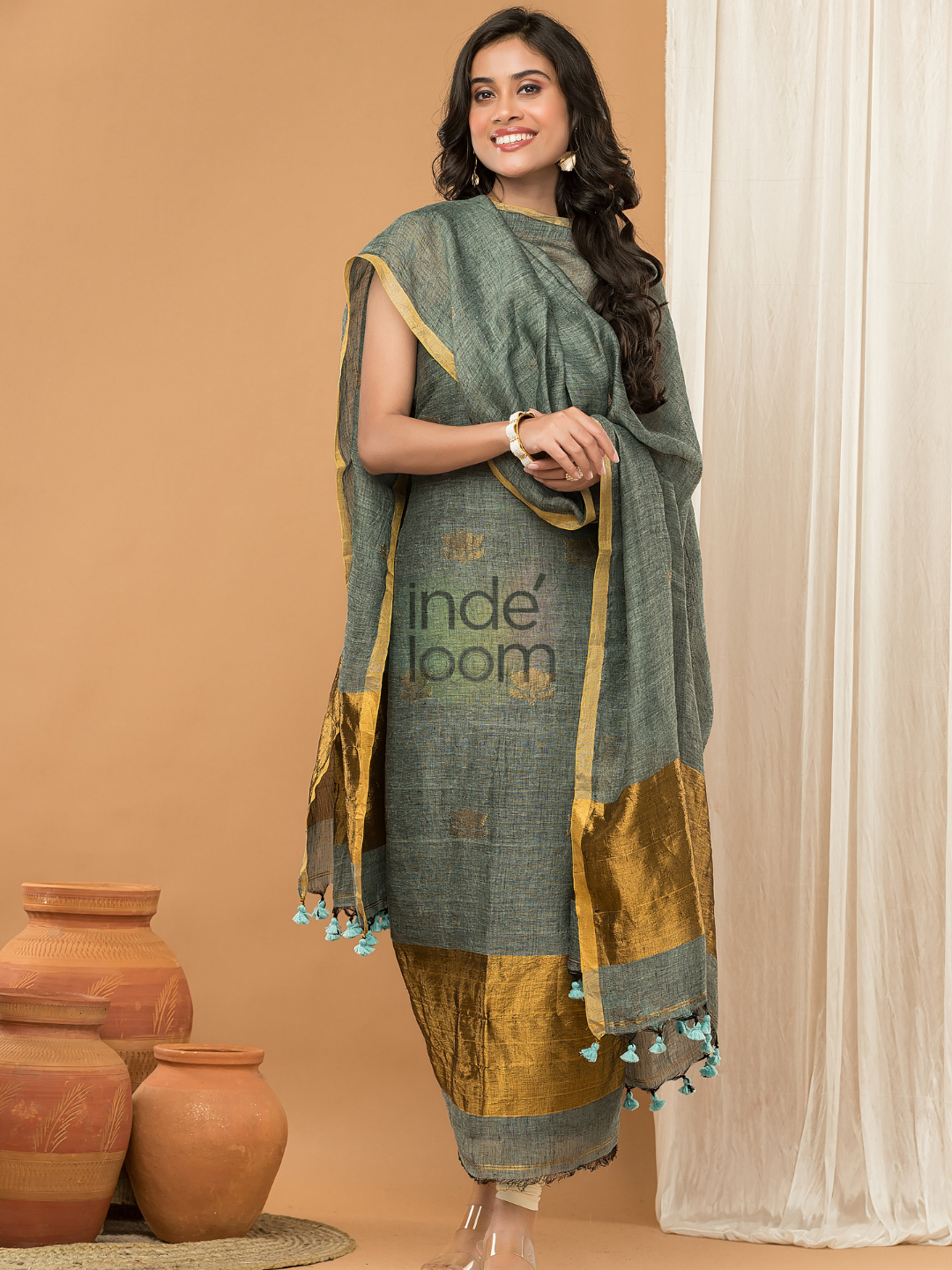Greyish Green color with Gold borders  Jamdani 2-Piece Set Kurti & Dupatta (UNSTITCHED) - 166