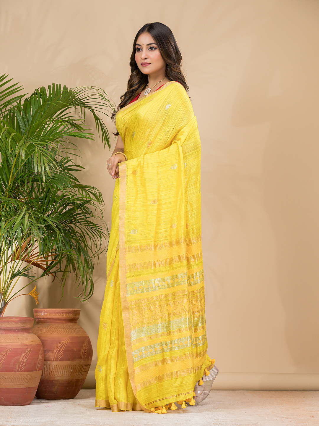 Matka Silk Jamdani Saree With Golden Yellow - 020