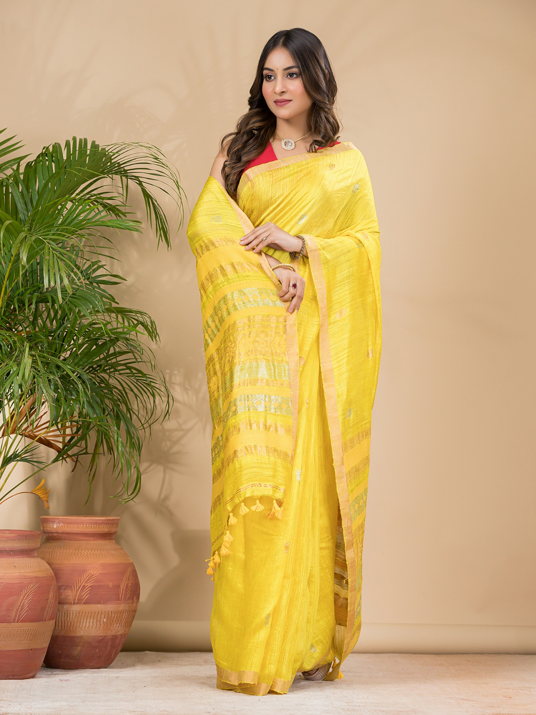 Matka Silk Jamdani Saree With Golden Yellow - 020