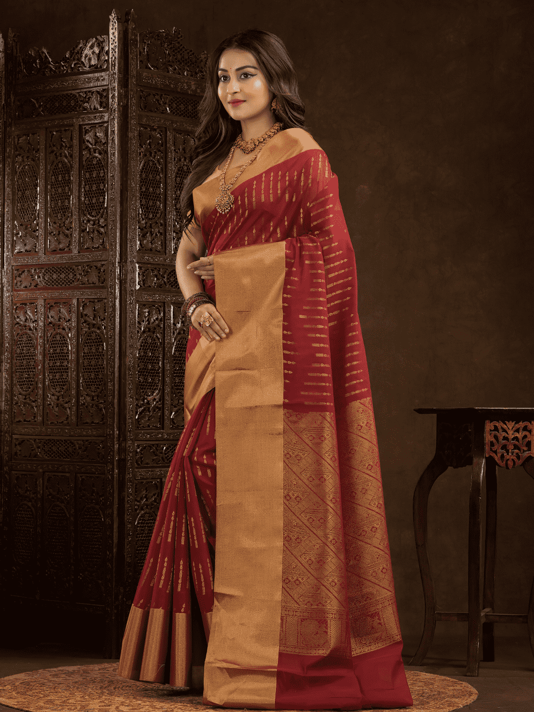 Cherry Red Cotton Silk Saree - 017 - indeloom