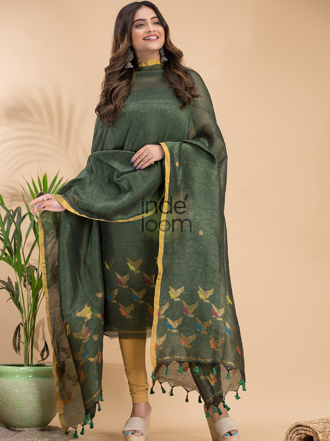 Dark Green Cotton Linen 2-Piece Set Kurti & Dupatta (UNSTITCHED) - 031