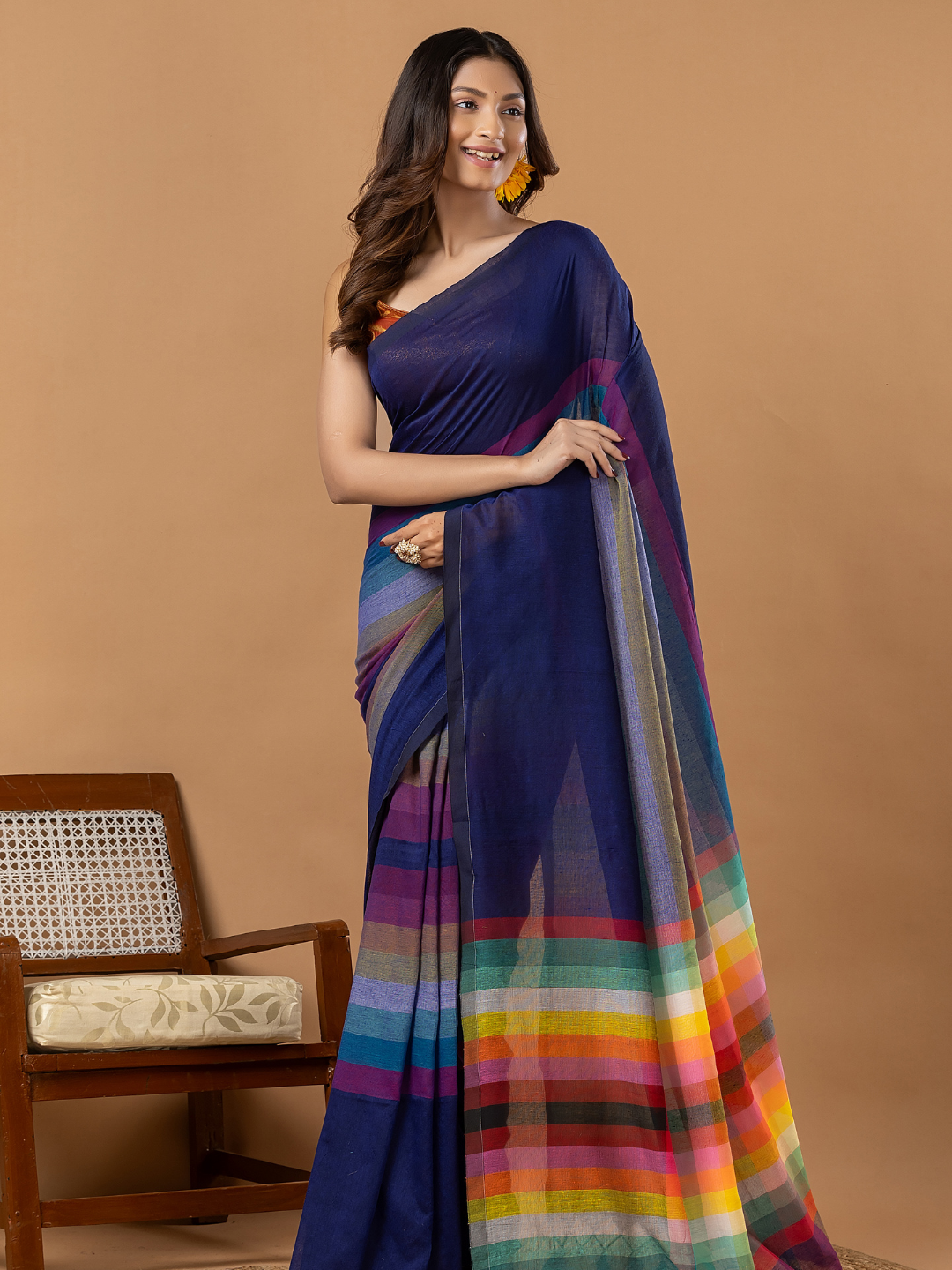 Pure Handloom Mul Cotton Saree | Deep Navy Blue