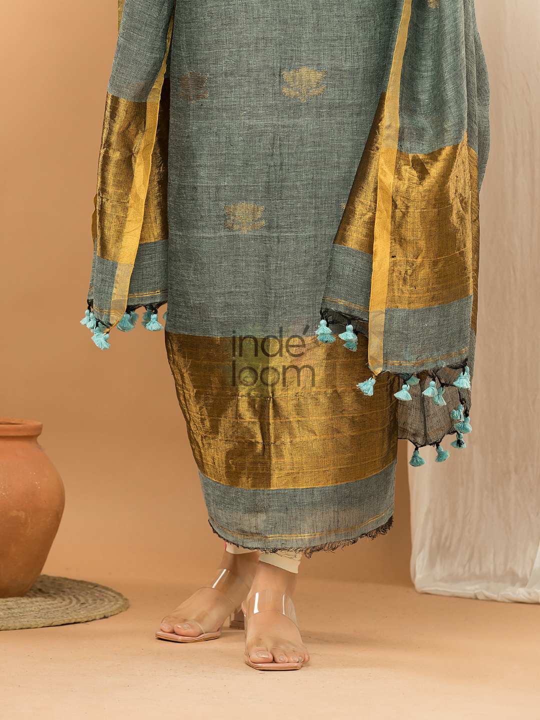 Greyish Green color with Gold borders  Jamdani 2-Piece Set Kurti & Dupatta (UNSTITCHED) - 166