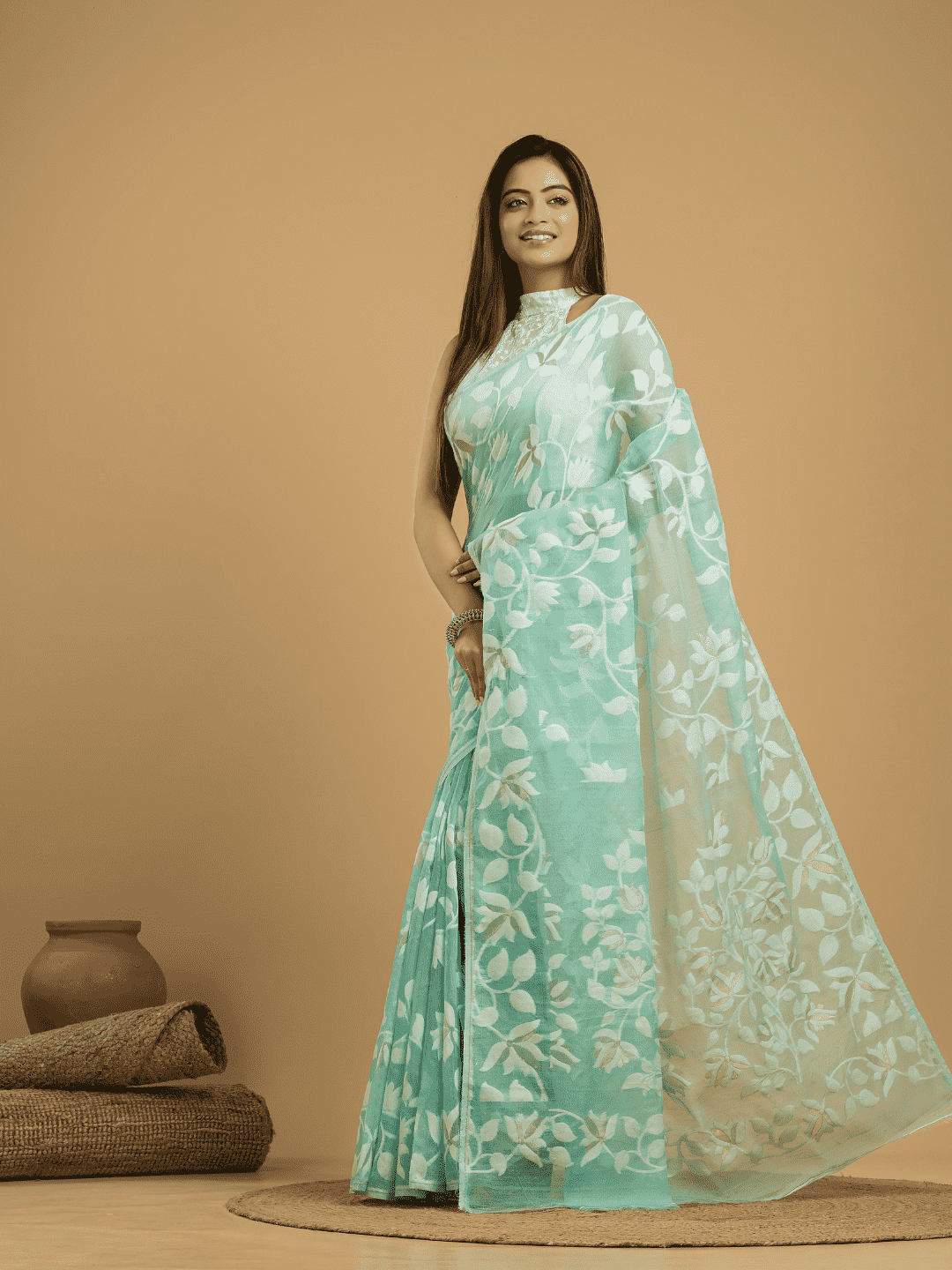 Baby Blue Cotton Silk Jamdani Saree - 033 - indeloom