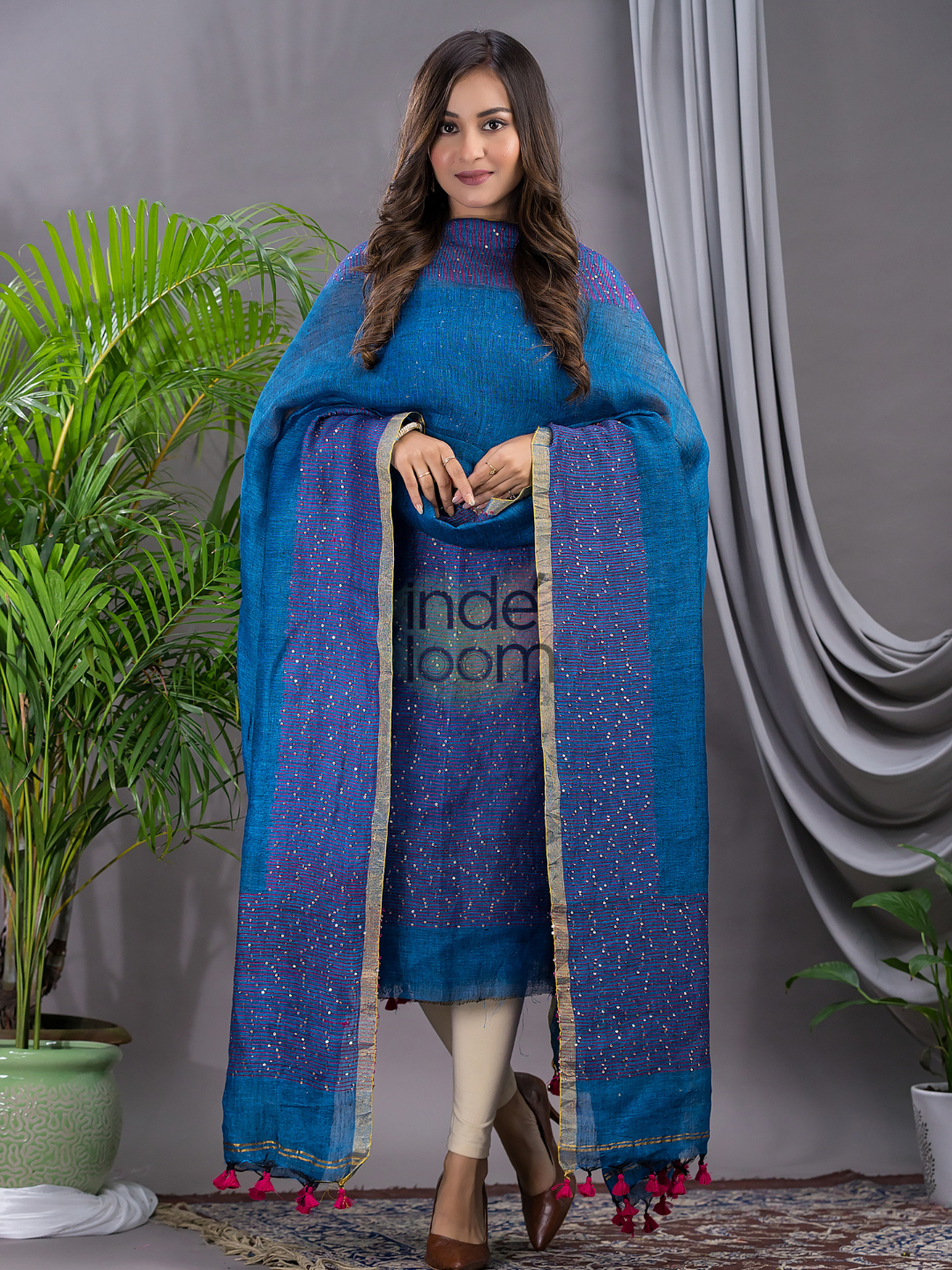 Classic Blue Linen X Linen 2-Piece Set Kurti & Dupatta (UNSTITCHED) - 130