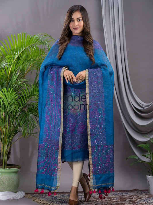 Handwoven Jamdani Linen Unstitched 2-piece Kurti  |  Steel Blue