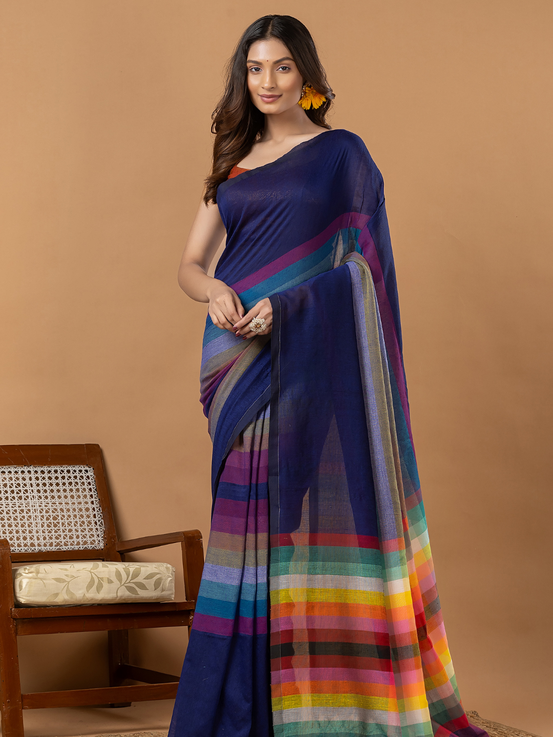 Pure Handloom Mul Cotton Saree | Deep Navy Blue
