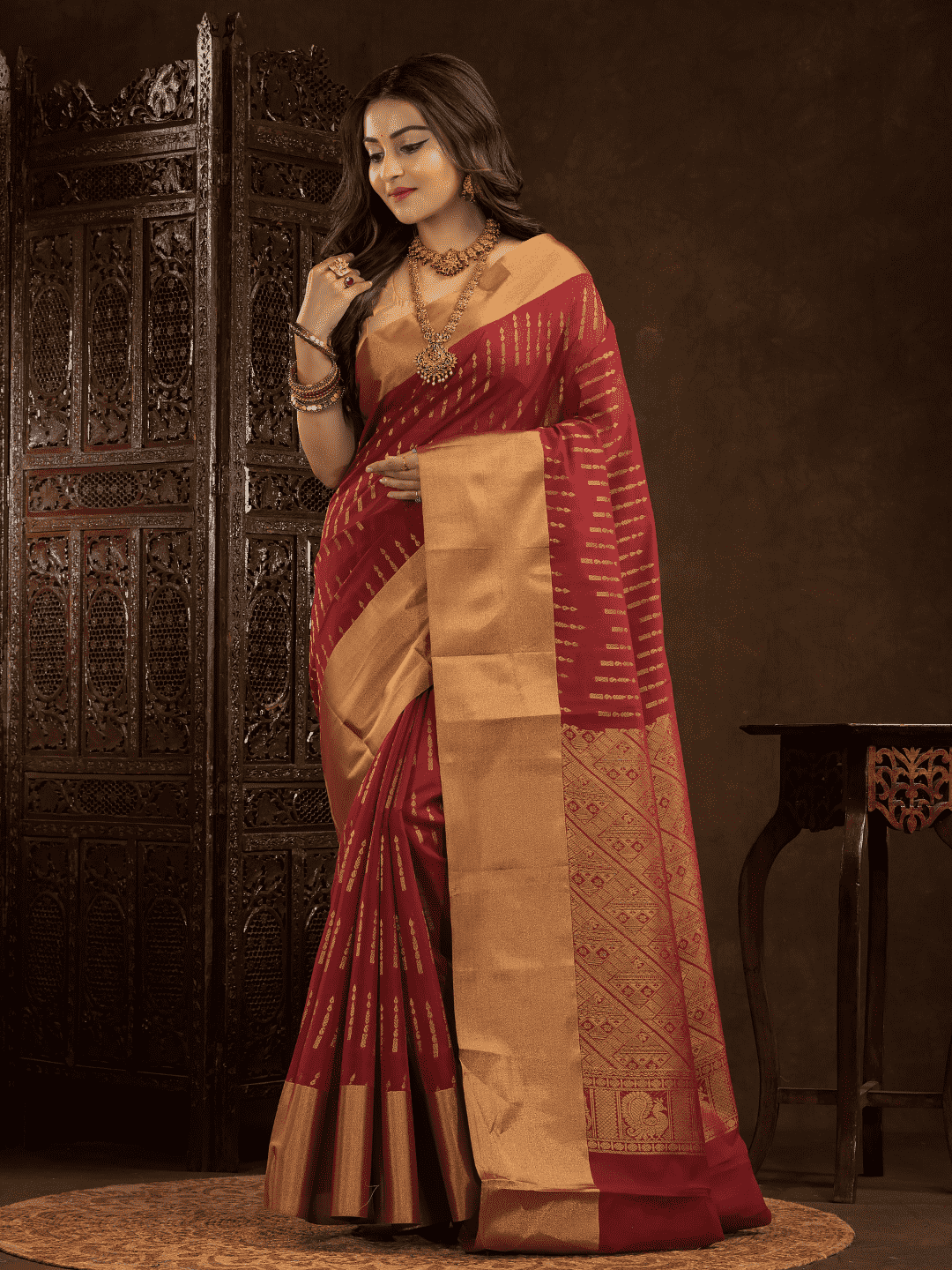 Cherry Red Cotton Silk Saree - 017 - indeloom