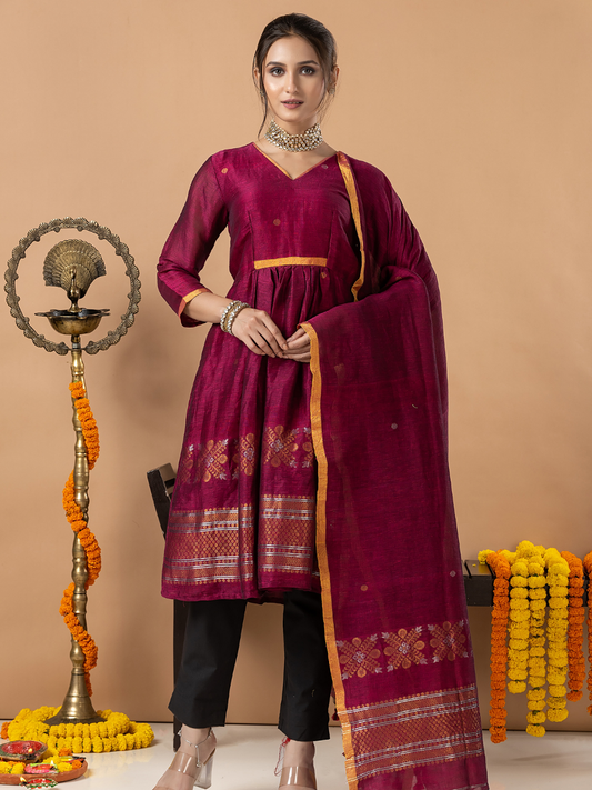 Handwoven Jamdani Linen Unstitched 2-Piece Kurti | Fuchsia Pink