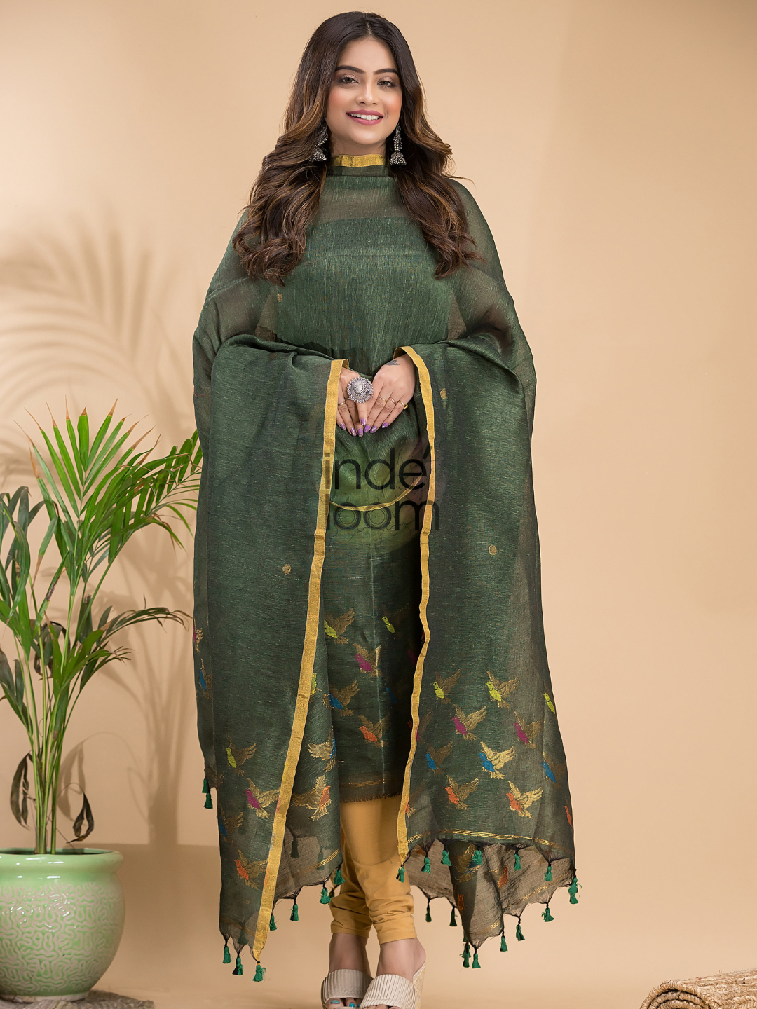 Dark Green Cotton Linen 2-Piece Set Kurti & Dupatta (UNSTITCHED) - 031